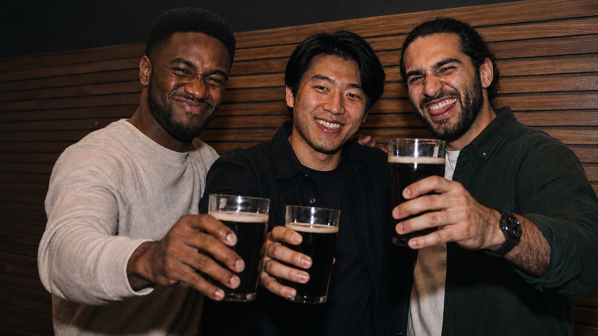 Trois étudiants souriants trinquant ensemble