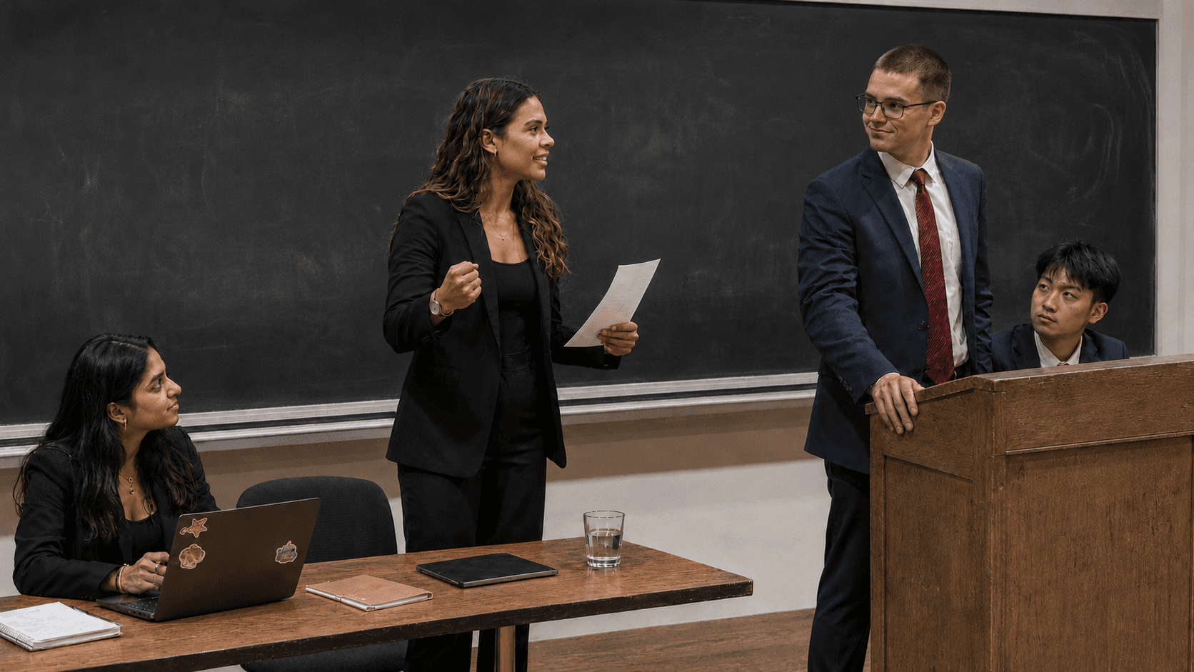 Étudiants en débat et prise de parole devant un tableau